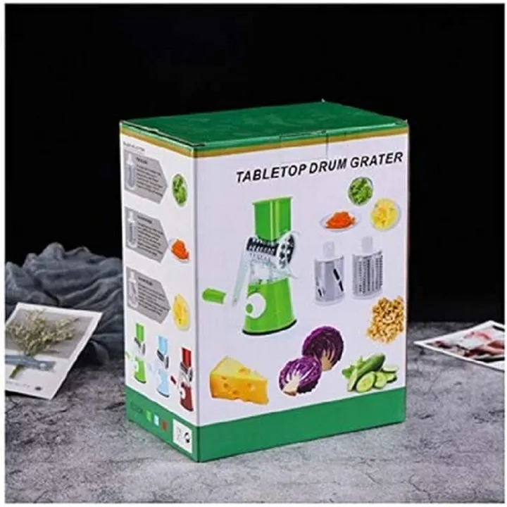 3-in-1 Manual Tabletop Drum Grater for Vegetables, Cheese & Nuts – Multipurpose Rotary Slicer with Stainless Steel Blades